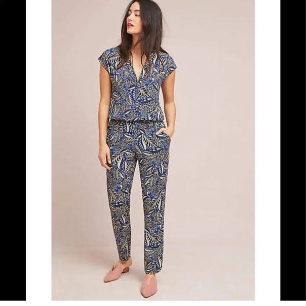 Anthropologie Berenice Women's Large Multicolor Tropical Leaf Milena Jumpsuit